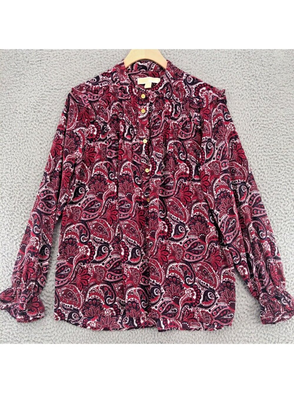 Michael Kors Top Womens Small Red Paisley Button Pleat Ruffle Long Bell Sleeve